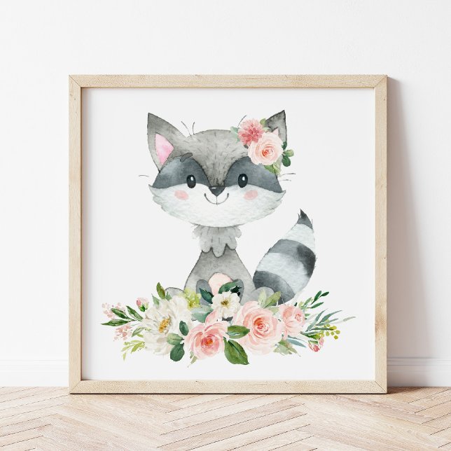Poster Raccoon, Animais Da Floresta, Boho, Flores Rosa (Criador carregado)