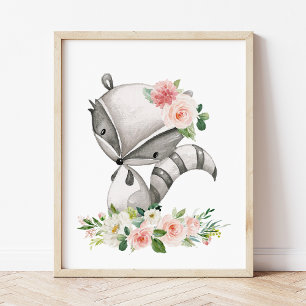 Poster Raccoon, Animais Da Floresta, Boho, Flores Rosa