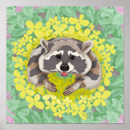 Poster Raccoon com flores amarelas