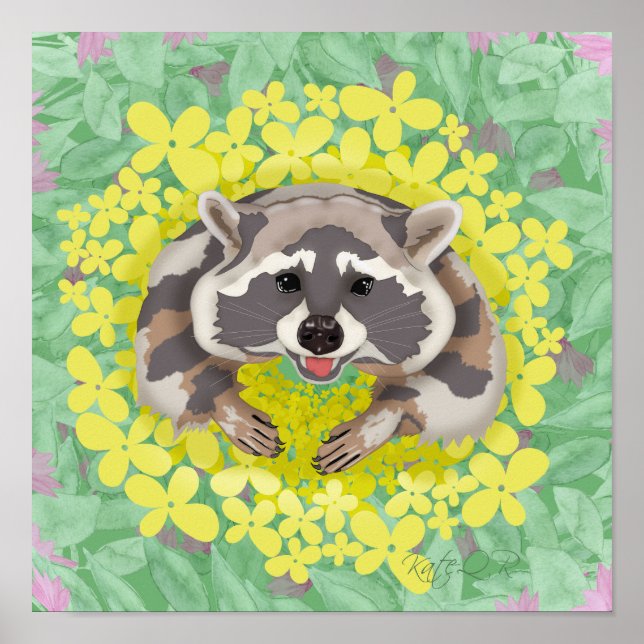 Poster Raccoon com flores amarelas (Frente)