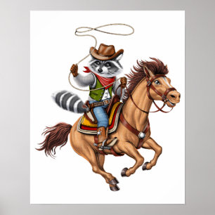 Poster Raccoon Cowboy Rodeo