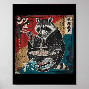 Poster Raccoon Eating Ramen Japonês Noodles Funny Racoon