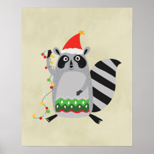 Póster Raccoon Em Santa Hat Entrou Em Luzes De Férias