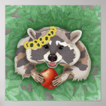 Raccoon em uma coroa de girassóis
