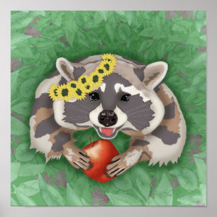 Poster Raccoon em uma coroa de girassóis