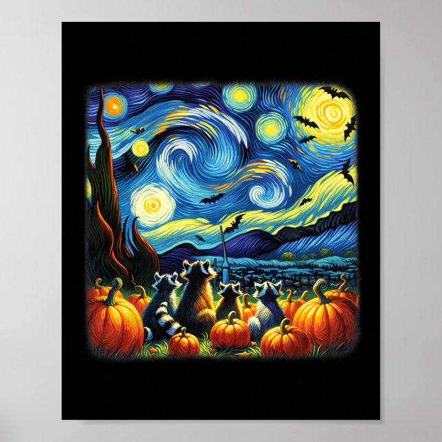 Poster Raccoon Fall Halloween Van Gogh Starry Night Pumpk (Frente)