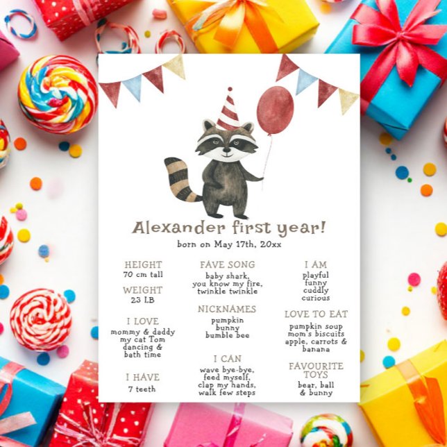 Poster Raccoon First Birthday Milestone Birthday (Criador carregado)