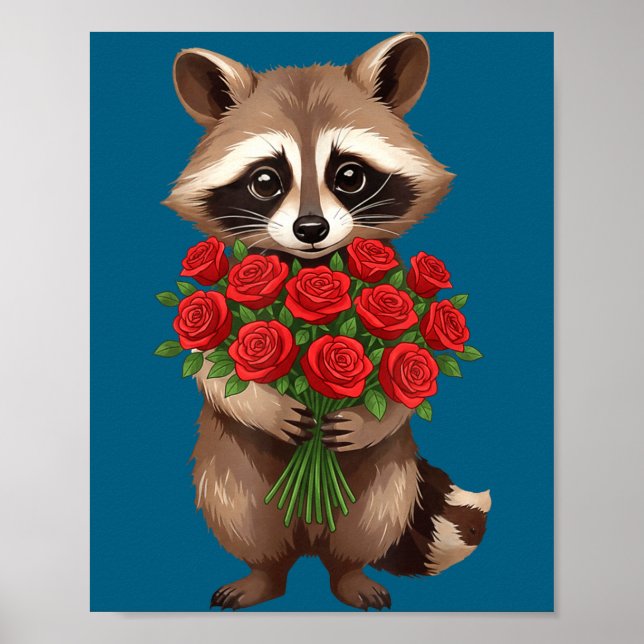 Poster Raccoon Holding Red Rose Cute Raccoon Valentine An (Frente)
