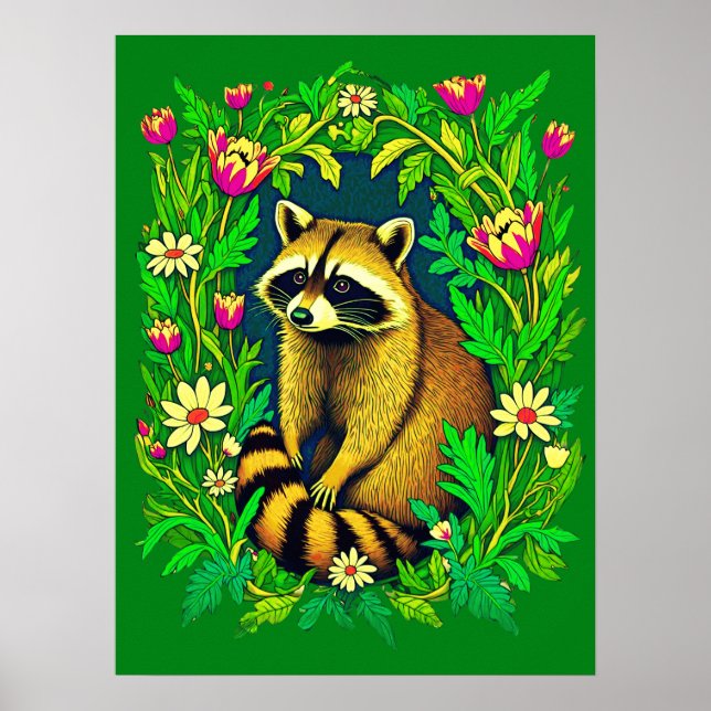 Poster Raccoon no Meio do Jardim de Flor Selvagem (Frente)