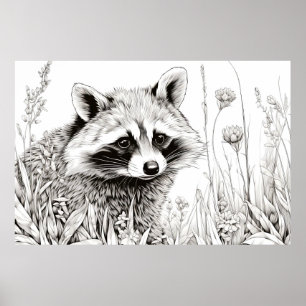Poster Raccoon Peaceful Nature Prairie Sketch Desenho Art