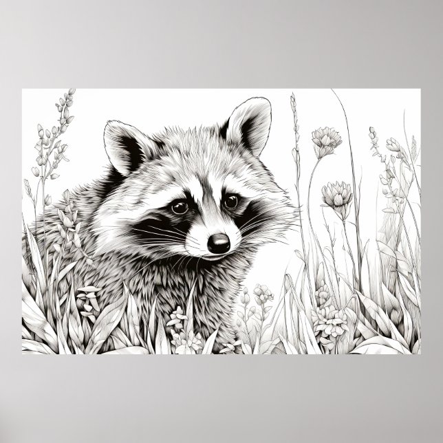 Poster Raccoon Peaceful Nature Prairie Sketch Desenho Art (Frente)