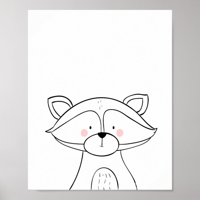 Póster Raccoon Woodland Nursery Wall Art Monocromo (Frente)