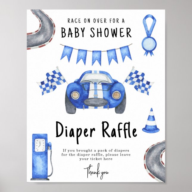 Poster Race car baby shower Diaper Raffle game (Frente)