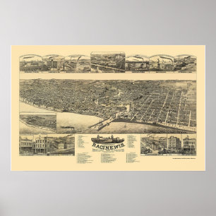 Poster Racine, mapa panorâmico dos WI - 1883
