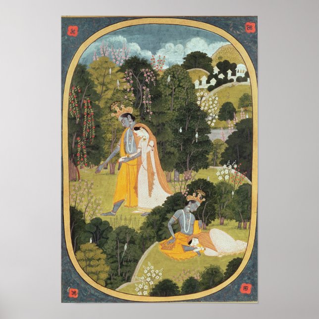 Póster Radha e Krishna andando em um bosque (Frente)