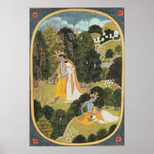 Póster Radha e Krishna que andam em um bosque