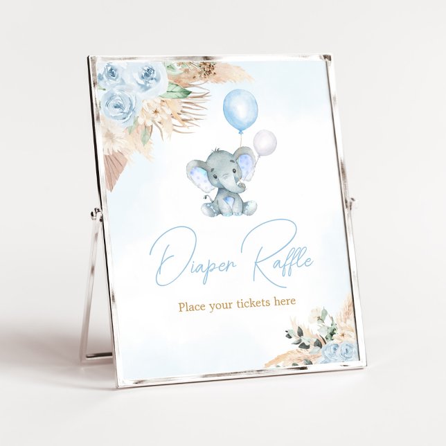 Poster Raffle Chá de fraldas Elefante-Balão Azul (Blue Floral Pampas Grass Elephant Baby Shower Diaper Raffle Sign)