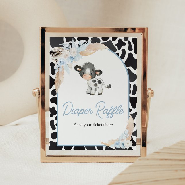 Poster Raffle Chá de fraldas Fralda de Vaca do Boho Highl (Bohemian Floral Farm Baby Shower Diaper Raffle Sign)
