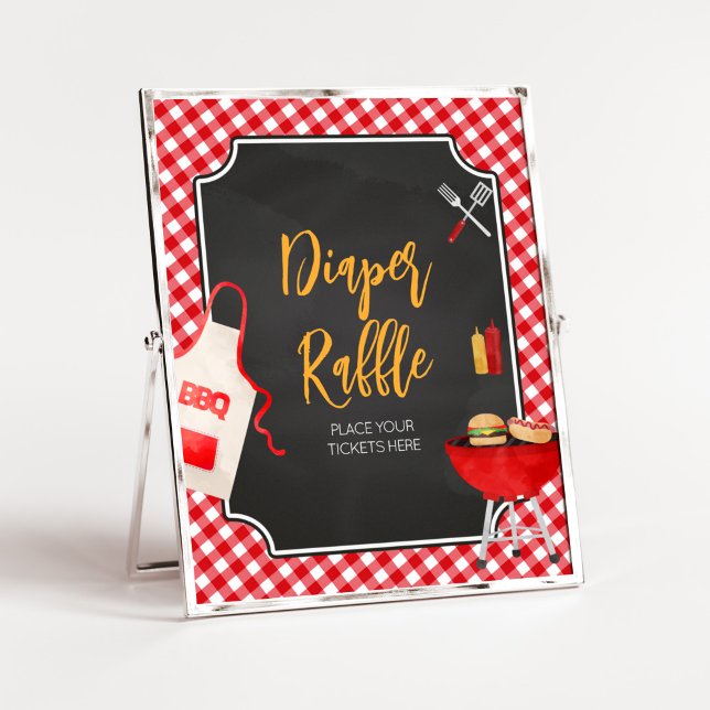 Poster Raffle CHURRASCO Fralda Gingham Vermelho (Burger in the Oven Baby Shower Diaper Raffle Sign)