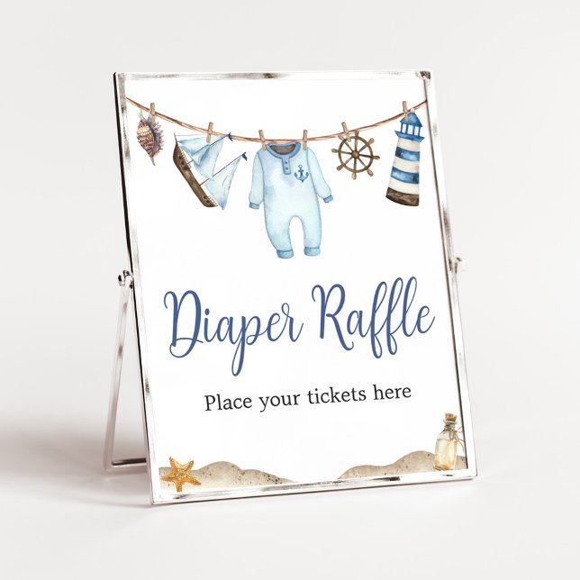 Poster Raffle de Fralda de Chá de fraldas Ahoy, marinheir (Nautical Ahoy Baby Shower Diaper Raffle Sign)