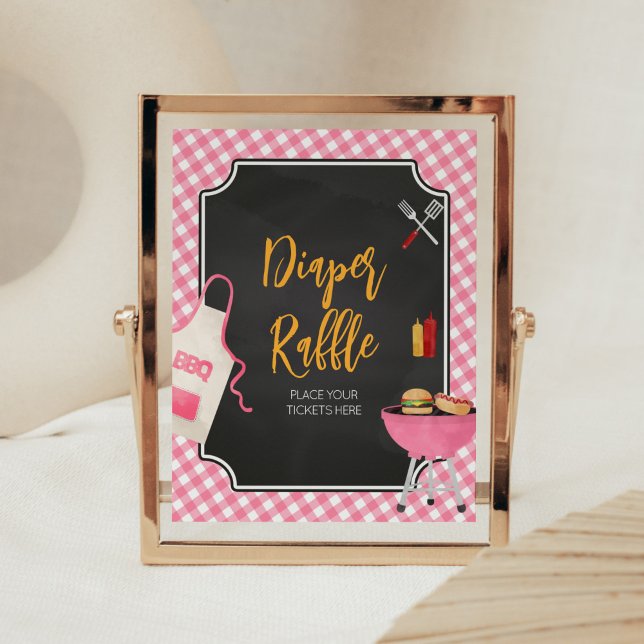 Poster Raffle de Fralda de CHURRASCO Gingham rosa (Girl Baby-Q Baby Shower Diaper Raffle Sign)