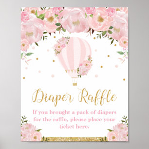 Poster Raffle Floral Dourado do Balão de Ar Quente Rosa