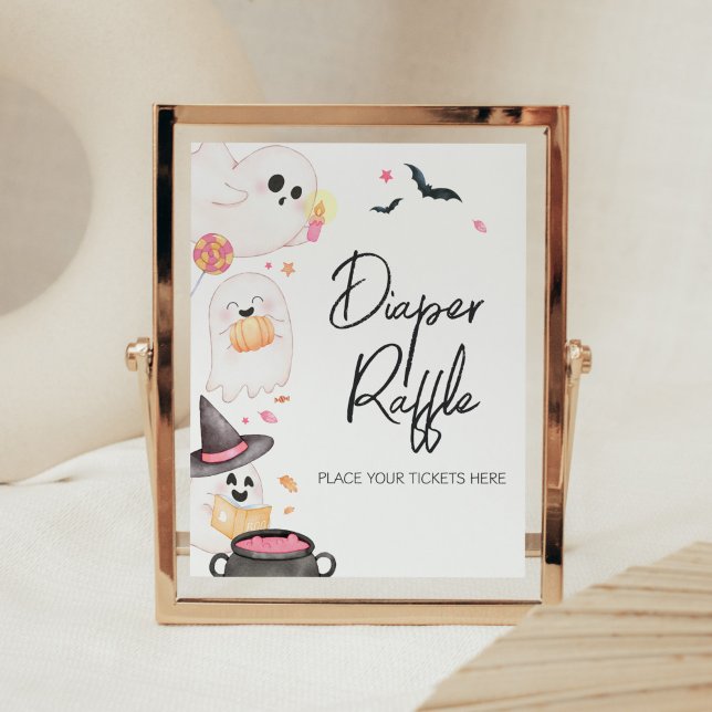 Poster Raffle, Fralda do Dia das Bruxas, Rosa (Pink Little Boo Baby Shower Diaper Raffle Sign)