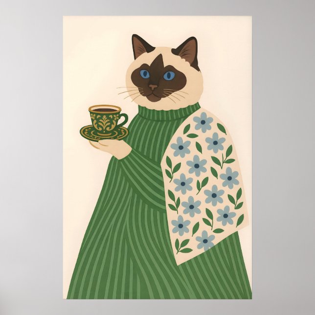 Poster Ragdoll Cat Coffee Art Print, Floral Green Jacket (Frente)
