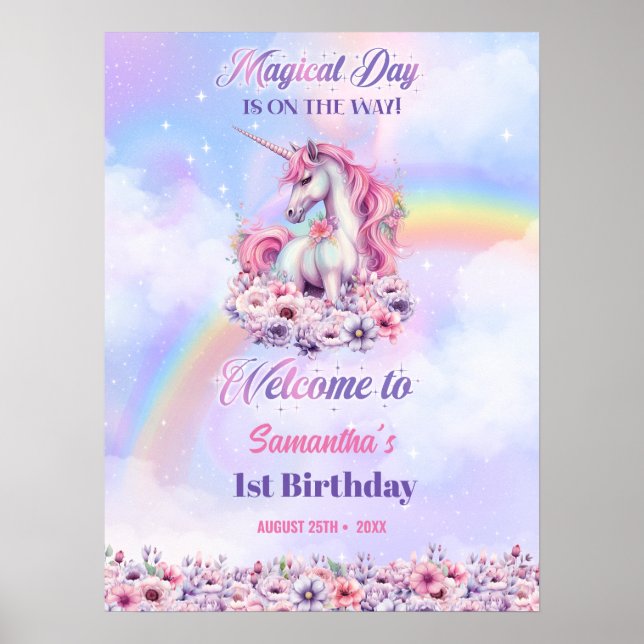 Poster Rainbow Birthday Girls Pastel magia unicórnio (Frente)
