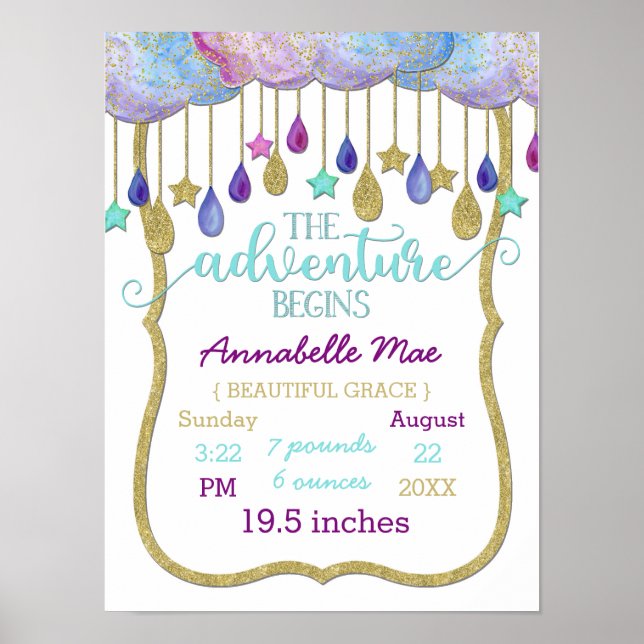 Póster Rainbow Clouds Adventure Baby Girl Stats (Frente)