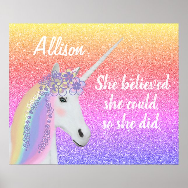 Poster Rainbow Glitter Unicorn Girls Personalizadas (Frente)