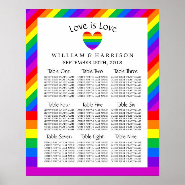 Póster Rainbow Heart Love é Love Wedding Seating Chart (Frente)