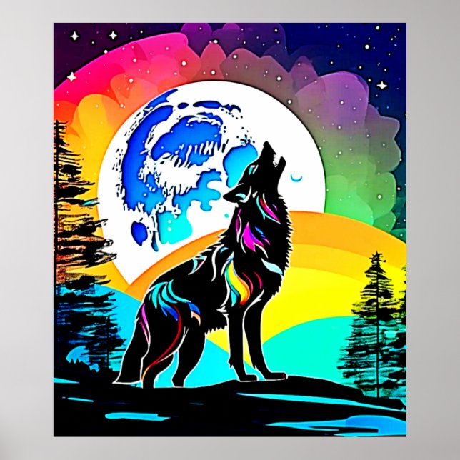 Poster Rainbow Lunar Wolf Howl Art (Frente)