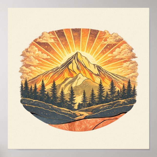 Poster Rainbow Mountain Peak Retro Mountains Sunrise Art (Frente)