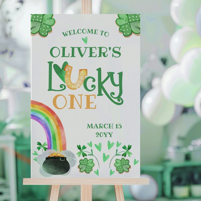 Poster Rainbow Shamrock Lucky One First Festa de aniversá (Lucky One 1st Birthday St Patricks Themed Poster by Darling & May)