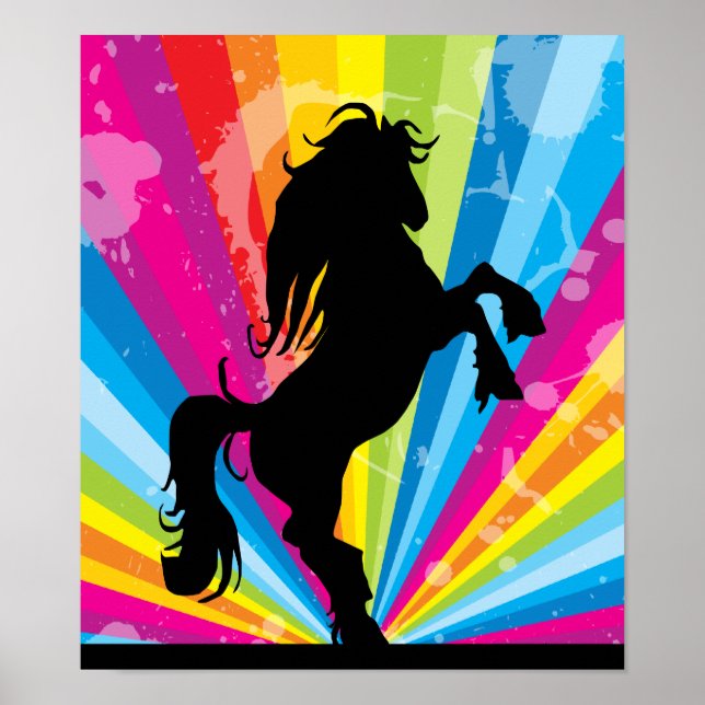 Póster Rainbow Techno Silhouette Rearing Horse (Frente)