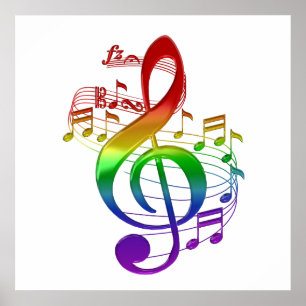 Poster Rainbow Treble Clef e notas de música