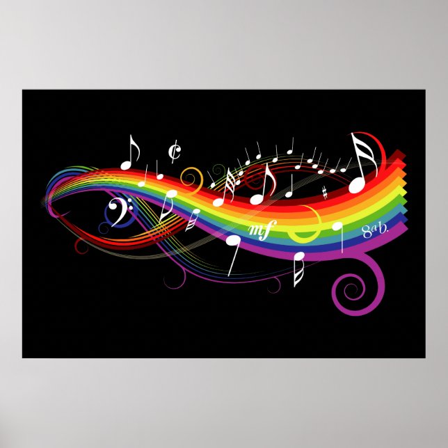 Póster Rainbow White Music Notes on Black (Frente)