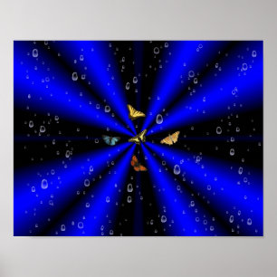 Poster Raindrops and Butterfly on black and blue