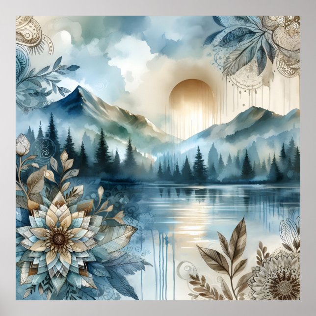 Poster Rainer Day Watercolor Mountain Lake Rustic Boho (Frente)