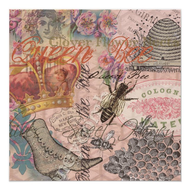 Póster Rainha Abelha Vintage Colagem Bonita (Frente)