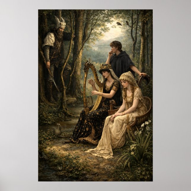Poster Rainha da Fada Medieval nos Bosques com Harpa (Frente)