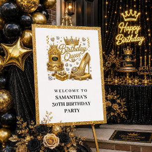 Poster Rainha de Aniversário Bem-vinda P de Brilho Dourad