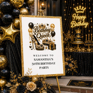 Poster Rainha de Aniversário Confete Dourado Preto Modern