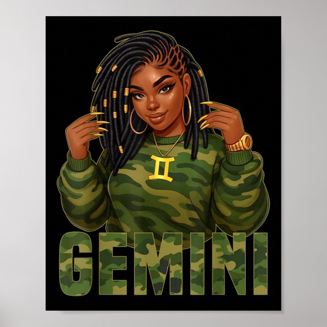 Poster Rainha de Gêmeos Localizada Mulher Negra Camo Sign (Frente)
