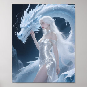 Poster Rainha Dragão de Gelo Branco Fantasia Prata Azul
