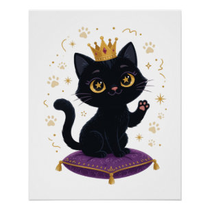 Póster Rainha Gata Preta Coroa Real Arte de Parede Poster