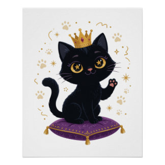 Póster Rainha Gata Preta Coroa Real Arte de Parede Poster