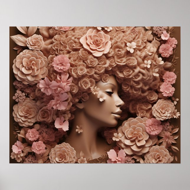 Poster Rainha Negra Melanina Mulheres 3D Flor Afro (Frente)