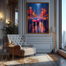 Poster Rainy City Night com Guarda-chuvas no Impressionis
